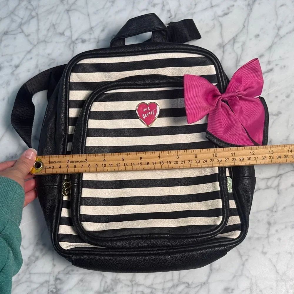 Betsey Johnson Black & White Bow Faux Leather Striped Backpack - Picture 9 of 10